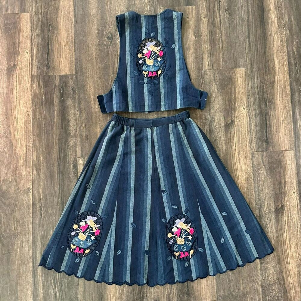 Vintage Japanese Set Gigei Mori Girl Embroidered 2-Piece Vest Skirt US Medium